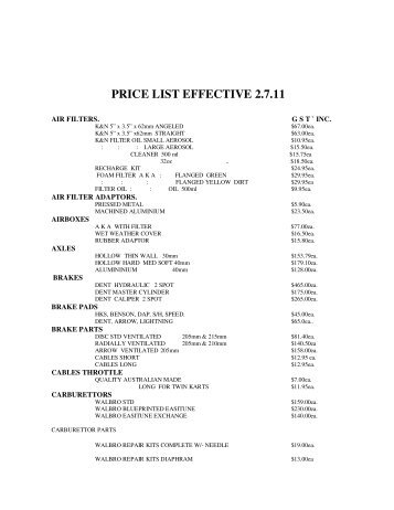 PRICE LIST EFFECTIVE 2.7.11 - Kustom Karts