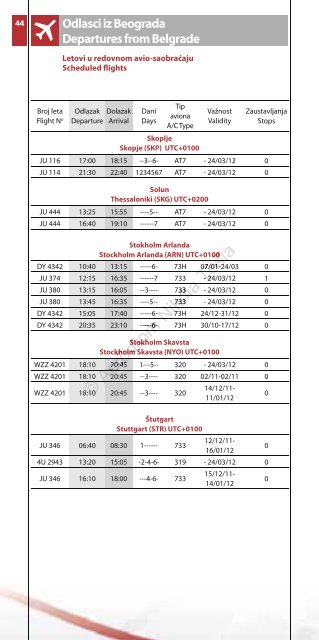 Red letenja Timetable - Aerodrom Nikola Tesla