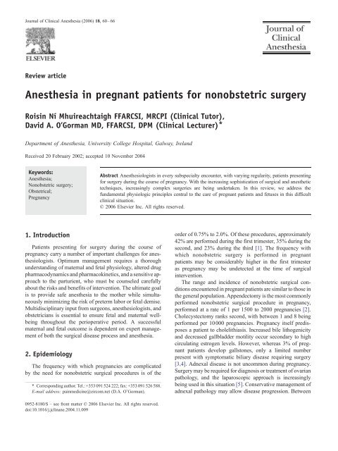 Anesthesia in pregnant patients for nonobstetric ... - Ape Med Miami