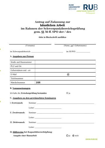Antrag auf Zulassung zur - Juristische FakultÃ¤t - Ruhr-UniversitÃ¤t ...