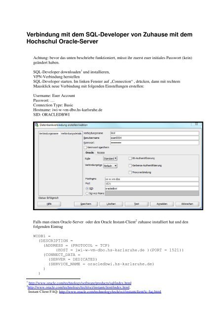 Verbindung Mit Dem Sql Developer Von Zuhause Mit Dem