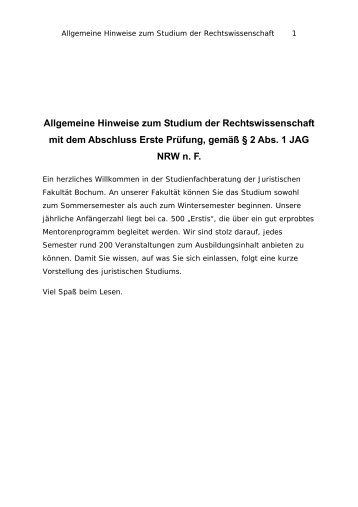 Allgemeine Hinweise zum Studium der Rechtswissenschaft mit dem ...