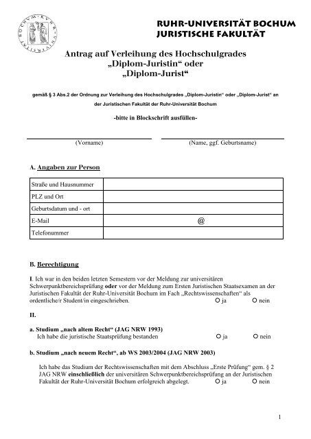 Antragsformular - Juristische FakultÃ¤t - Ruhr-UniversitÃ¤t Bochum