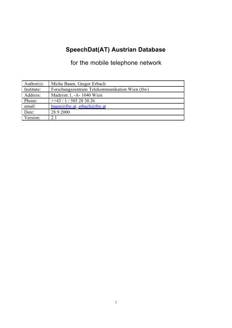 SpeechDat(AT) Austrian Database for the mobile telephone ... - ELDA