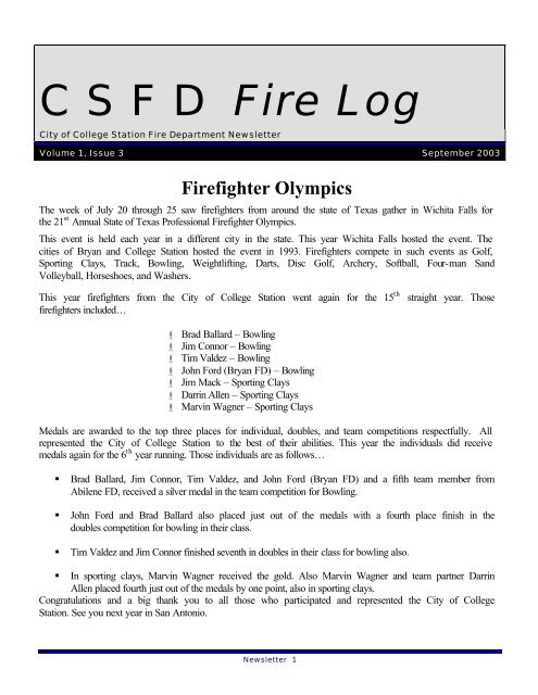 C S F D Fire Log - City of College Station