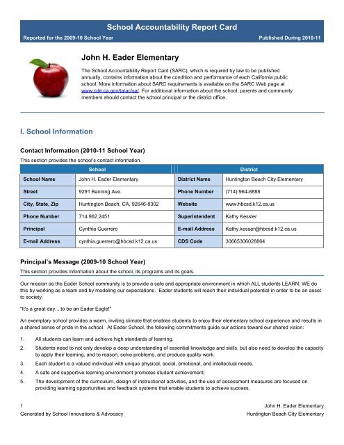 School Accountability Report Card John H. Eader Elementary