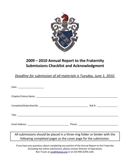Acknowledgment Page and Submission Checklist - Theta Xi Fraternity