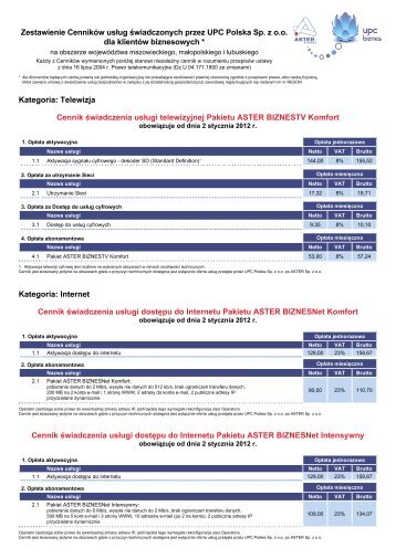 Zestawienie CennikÃ³w usÅug Åwiadczonych przez ... - UPC Biznes