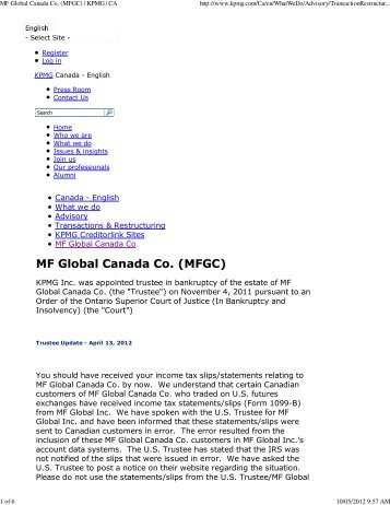 MF Global Canada Co. (MFGC) | KPMG | CA - InvestisseurAutonome