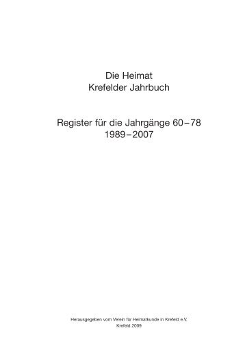 Die Heimat Krefelder Jahrbuch Register für die Jahrgänge 60 – 78 ...