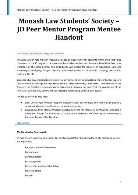 JD Peer Mentor Program Mentee Handout - Monash Law Students ...