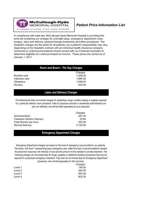 memorial hospital fees