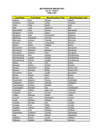 MOTHER/SON BREAKFAST As of: 10/3/13 PAID LIST Last Name ...