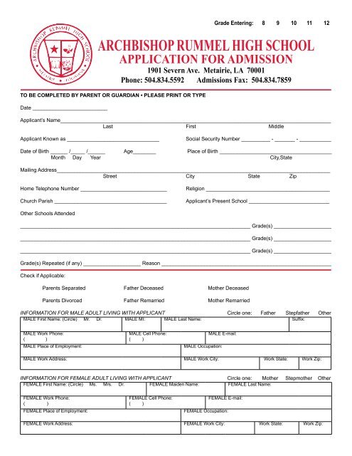 archbishop rummel high school application for admission