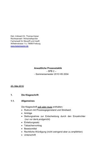 Anwaltliche Prozesstaktik - SPB 2 ... - Kaiser & Sozien