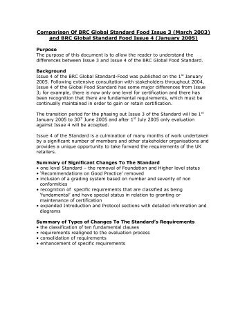 Comparison Of BRC Global Standard Food Issue 3 (March 2003 ...