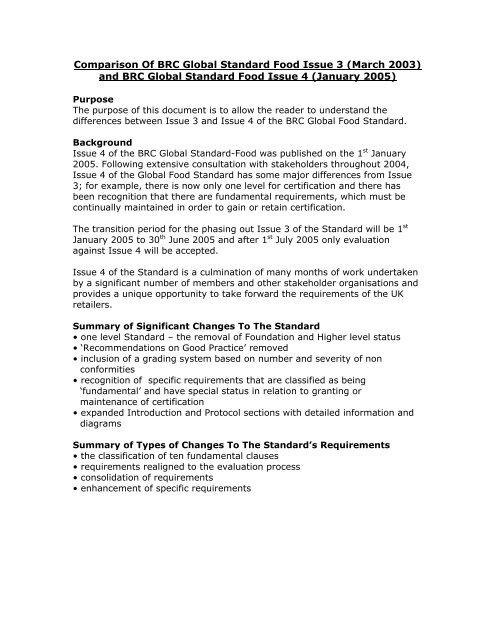 Comparison Of BRC Global Standard Food Issue 3 (March 2003 ...