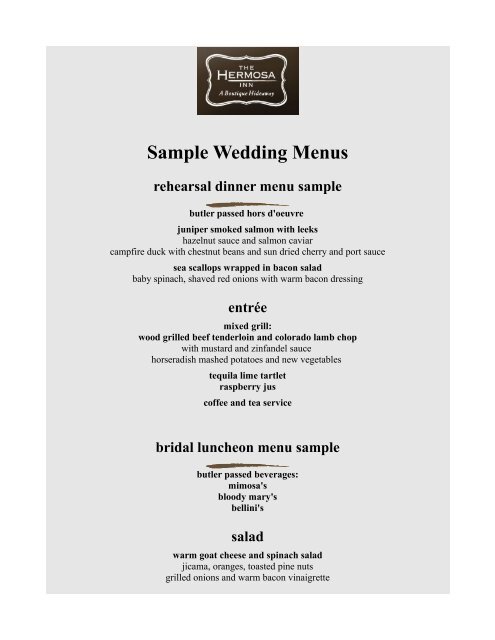 Sample Wedding Menus rehearsal dinner menu ... - The Hermosa Inn