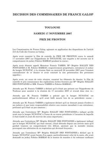 DECISION DES COMMISSAIRES DE FRANCE GALOP