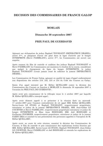 DECISION DES COMMISSAIRES DE FRANCE GALOP