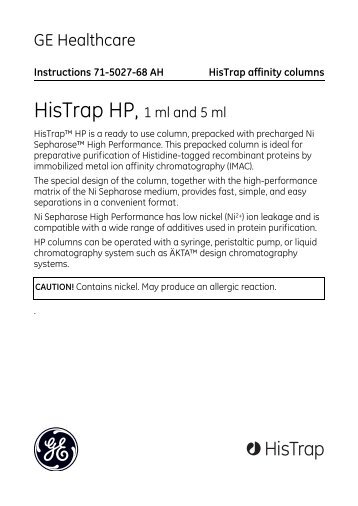 HisTrap HP, 1 ml and 5 ml - GE Healthcare Life Sciences