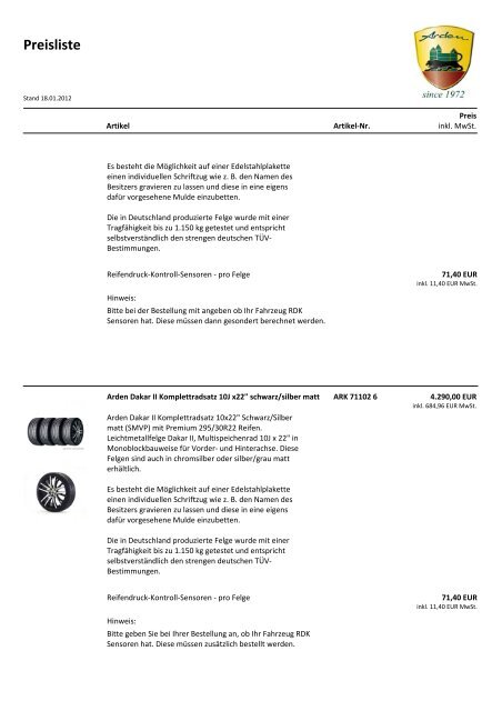 Preisliste - Arden