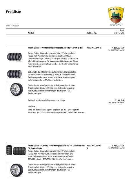 Preisliste - Arden