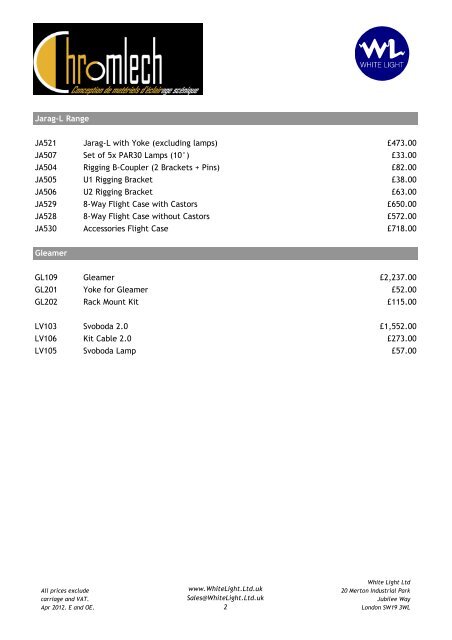 Chromlech UK Price List April 2012 - WL - White Light