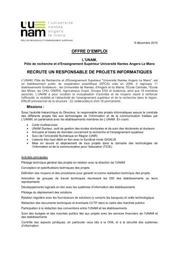 offre d'emploi recrute un responsable de projets ... - L'UNAM