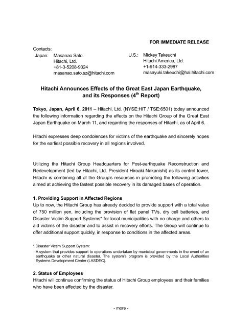 Hitachi Announces Effects of the Great East Japan Earthquake, and ...