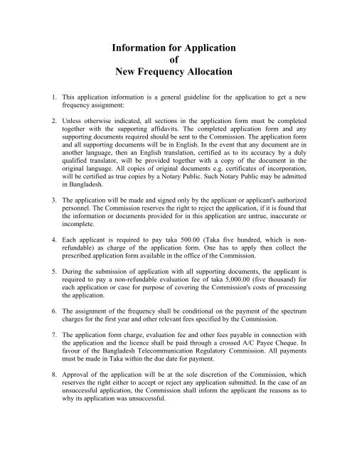 Guideline for application of new frequency assignment - BTRC