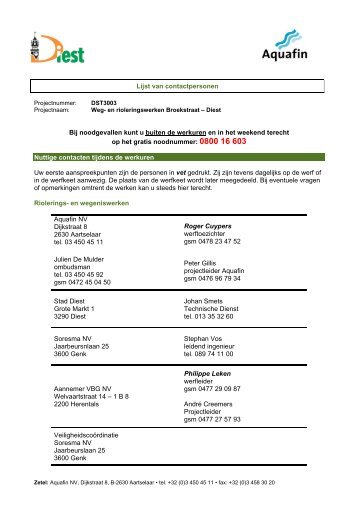 Lijst van contactpersonen Bij noodgevallen kunt u buiten ... - Aquafin