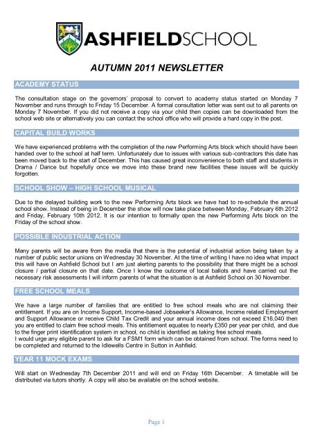 autumn 2011 newsletter - Ashfield School