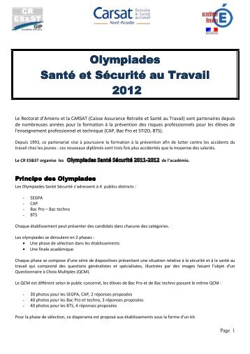 Organisation Olympiades de la sécurité 2012 - Académie d'Amiens