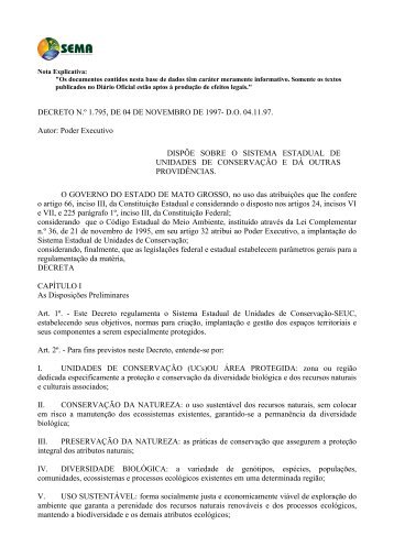 DECRETO N.Âº 1.795, DE 04 DE NOVEMBRO DE 1997 ... - Sema/MT