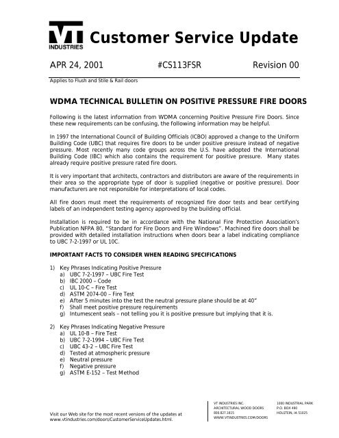 wdma technical bulletin on positive pressure fire ... - VT Industries Inc