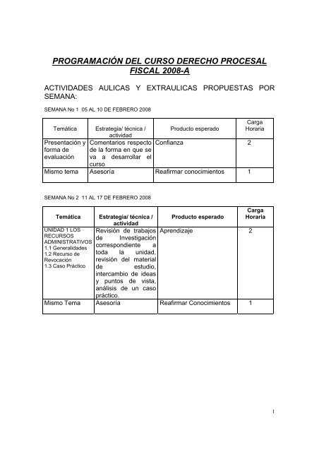 programaciÃ³n del curso derecho procesal fiscal 2008-a