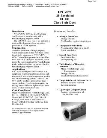 UPC #076 25' Insulated UL 181 Class 1 Air Duct - Allstate Insulation