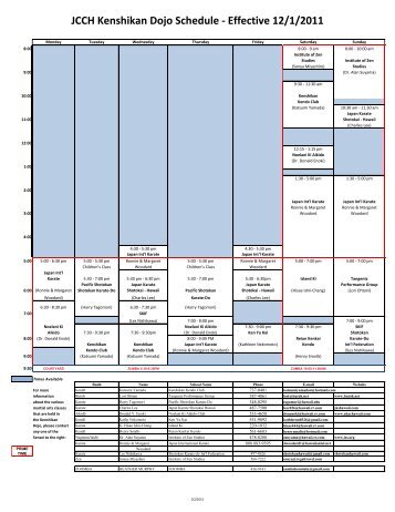 JCCH Kenshikan Dojo Schedule - Effective 12/1/2011