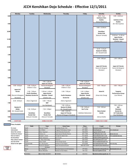 JCCH Kenshikan Dojo Schedule - Effective 12/1/2011