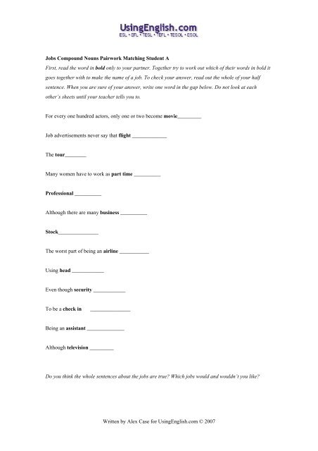 Compound Nouns Matching Pairwork - Usingenglish.com