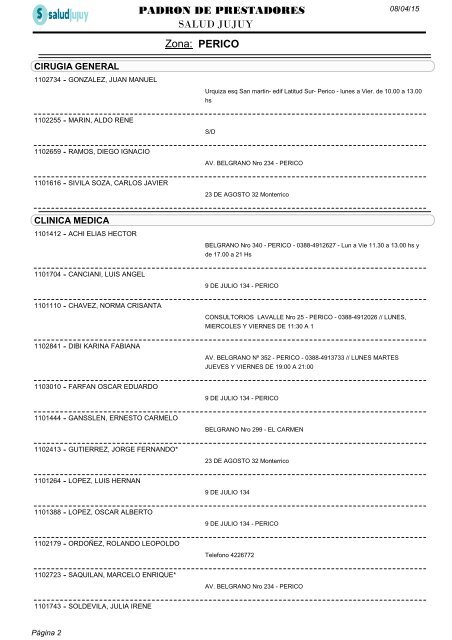 PERICO Zona: PADRON DE PRESTADORES SALUD JUJUY