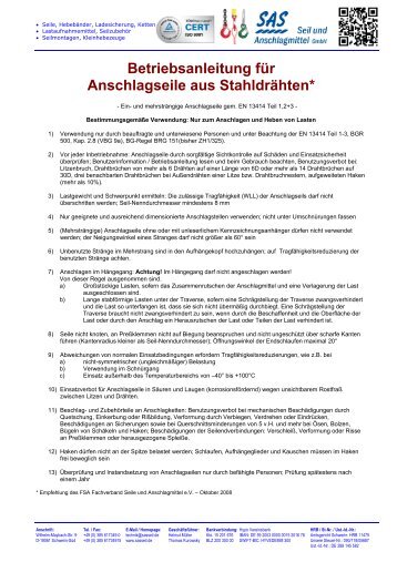 Betriebsanleitung für Anschlagseile aus Stahldrähten*