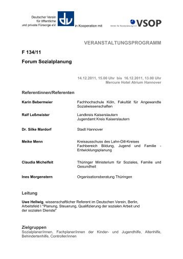 VERANSTALTUNGSPROGRAMM F 134/11 Forum Sozialplanung - Deutscher ...