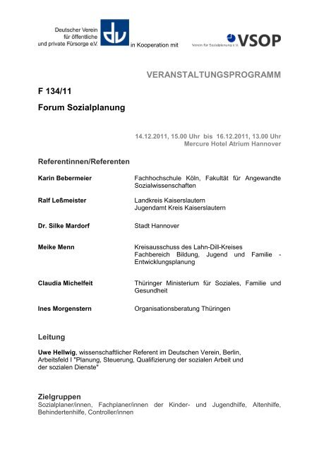 VERANSTALTUNGSPROGRAMM F 134/11 Forum Sozialplanung - Deutscher ...