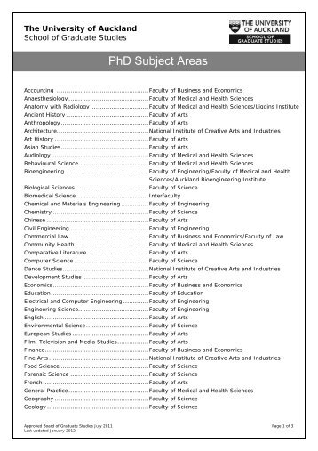 PhD Subject Areas - Faculty of Science - The University of Auckland