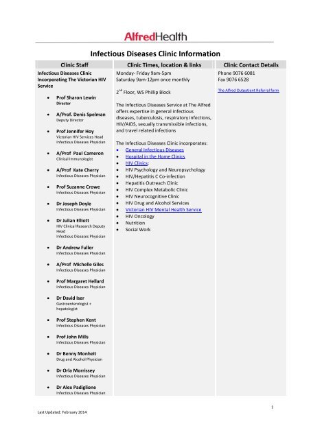 Infectious Diseases Clinic Information Alfred Hospital