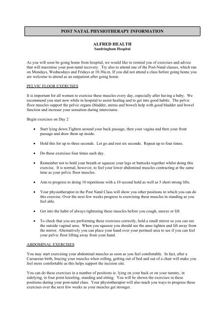 Postnatal Physiotherapy Exercises For Patients Alfred Hospital
