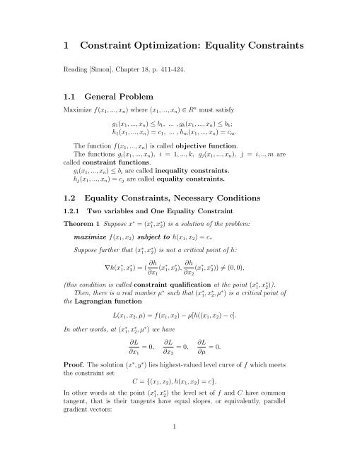 1 Constraint Optimization: Equality Constraints