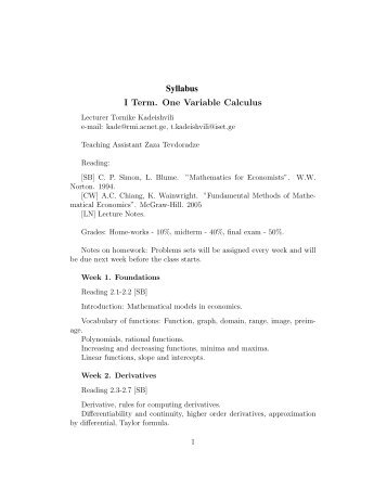 Syllabus for Mathematics for Economists 2010/2011 I Term. One ...